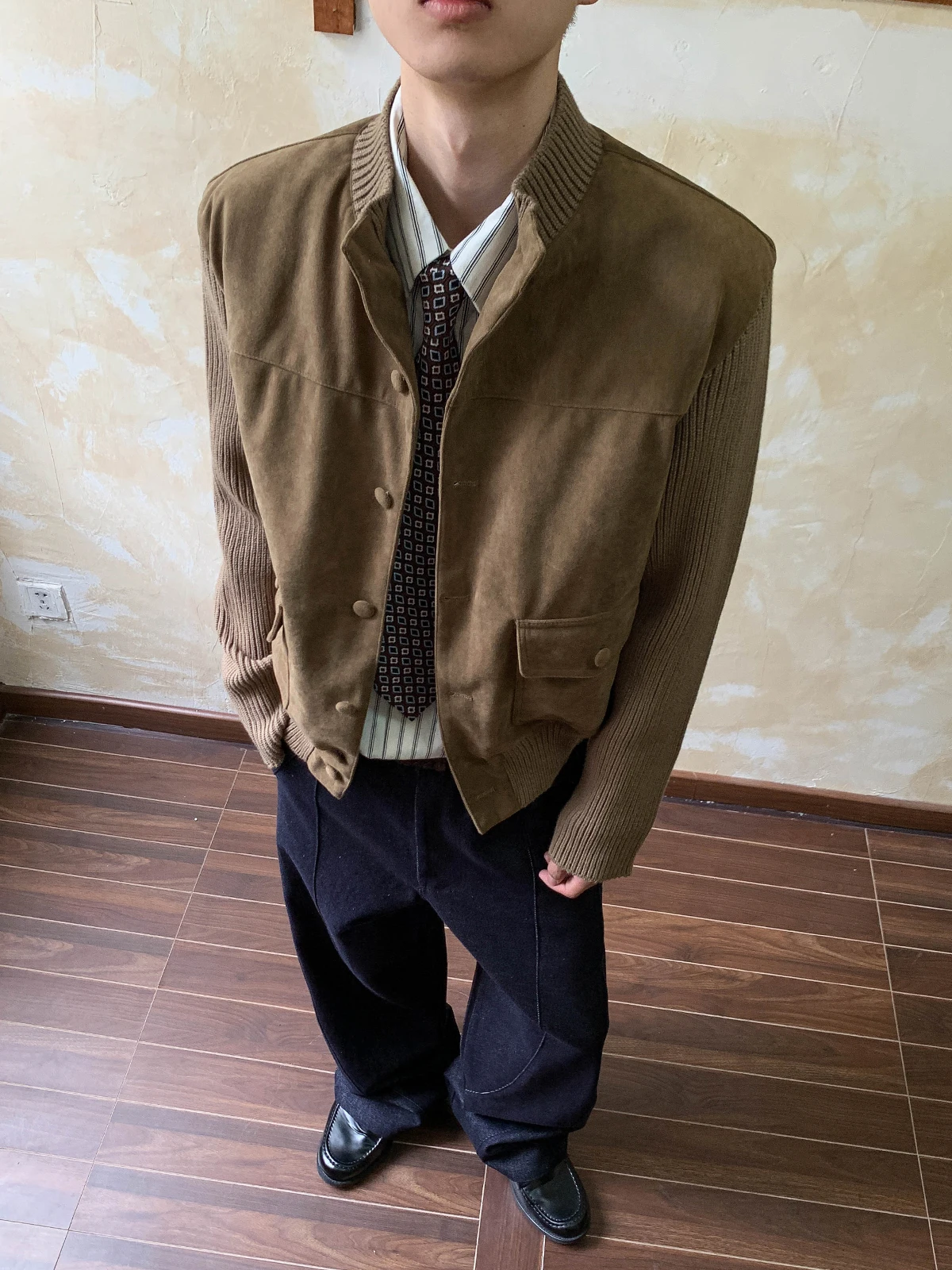 

Oalin американский ретро замшевый лоскутный трикотажный тройник из хлопка с воротником-стойкой Верхняя одежда молодежная повседневная теплая длинная све