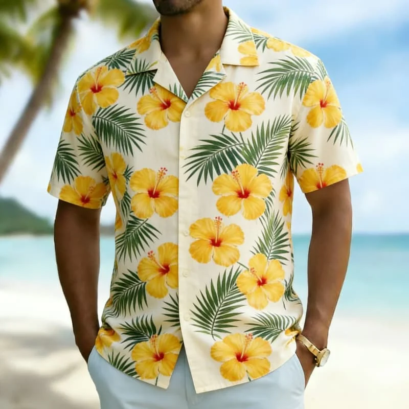 

Men's Tropical Floral & Palm Print Short Sleeve Shirt, Hawaiian Vacation Graphic for Summer Beach and Daily Casual Wear