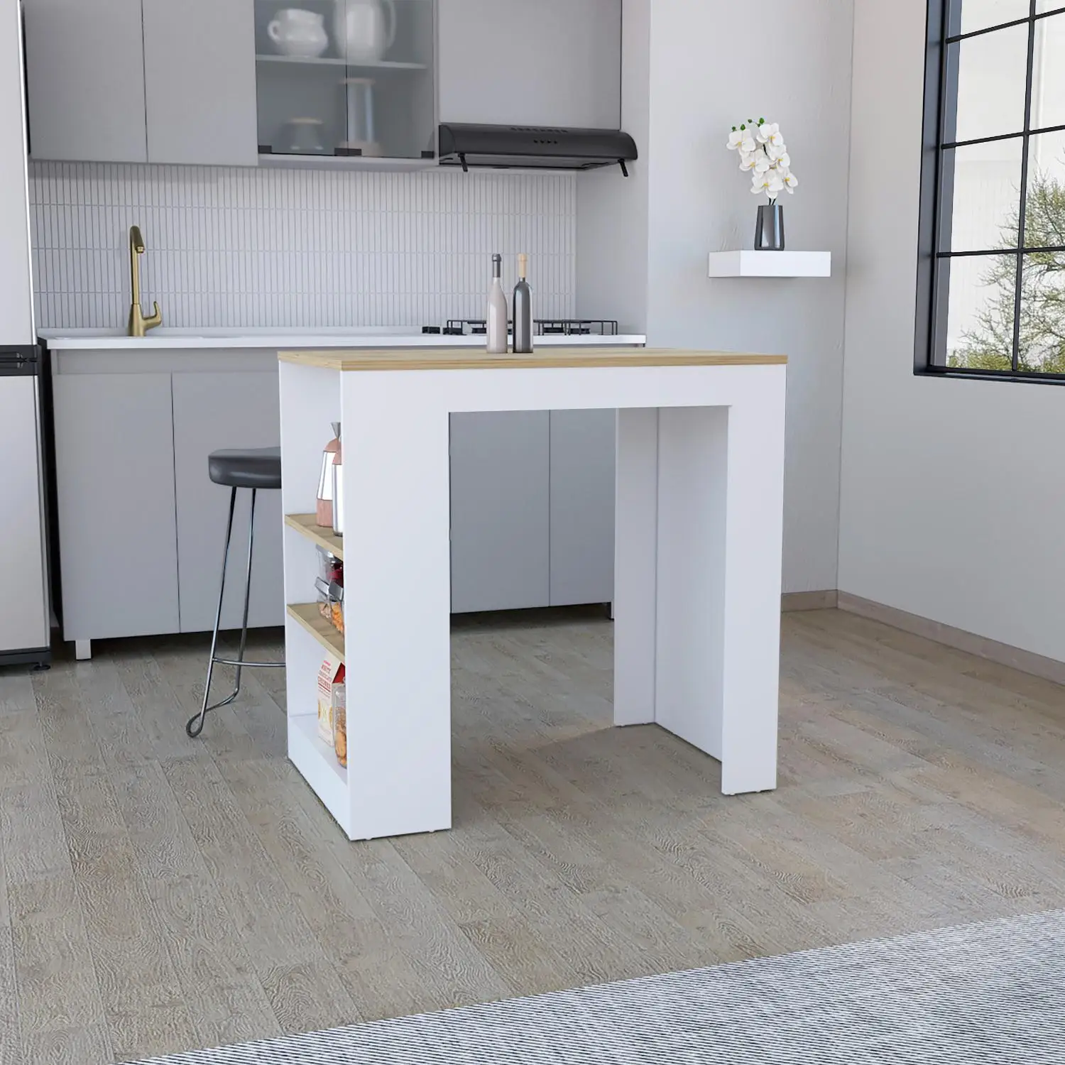 Portree Kitchen Island with 3-Side Shelves White / Macadamia