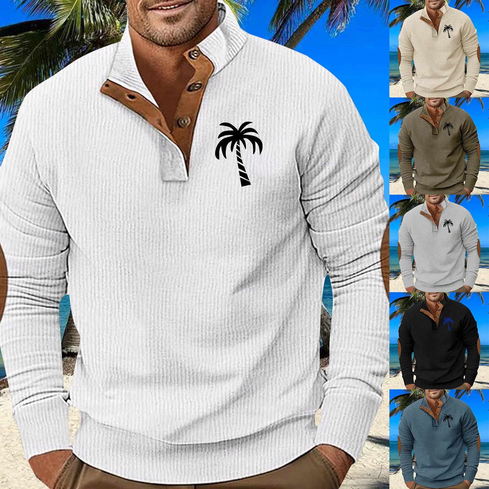 

Autumn And Winter European Size Men's Coconut Tree Printing Casual Stand-up Collar Long-sleeved