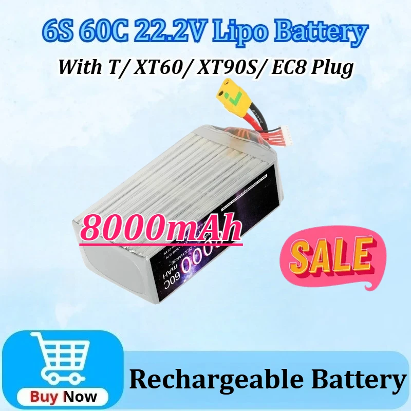 

Upgraded 6S 60C 22.2V 8000mAh Lipo Battery for Drone RC FPV Helicopter Quadcopter Racing Parts with T/ XT60/ XT90S/ EC8 Plug