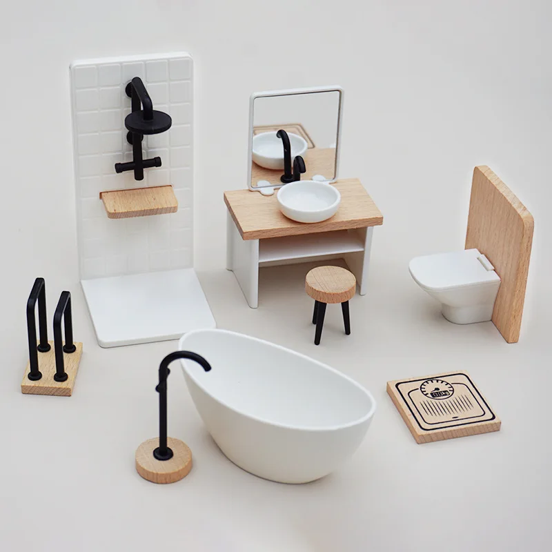 1:12 Dollhouse Bathtub Sink Toilet Towel Rack Miniature Mini Wood Bathroom Furniture Scene Ornaments Play House Toys Home Decor