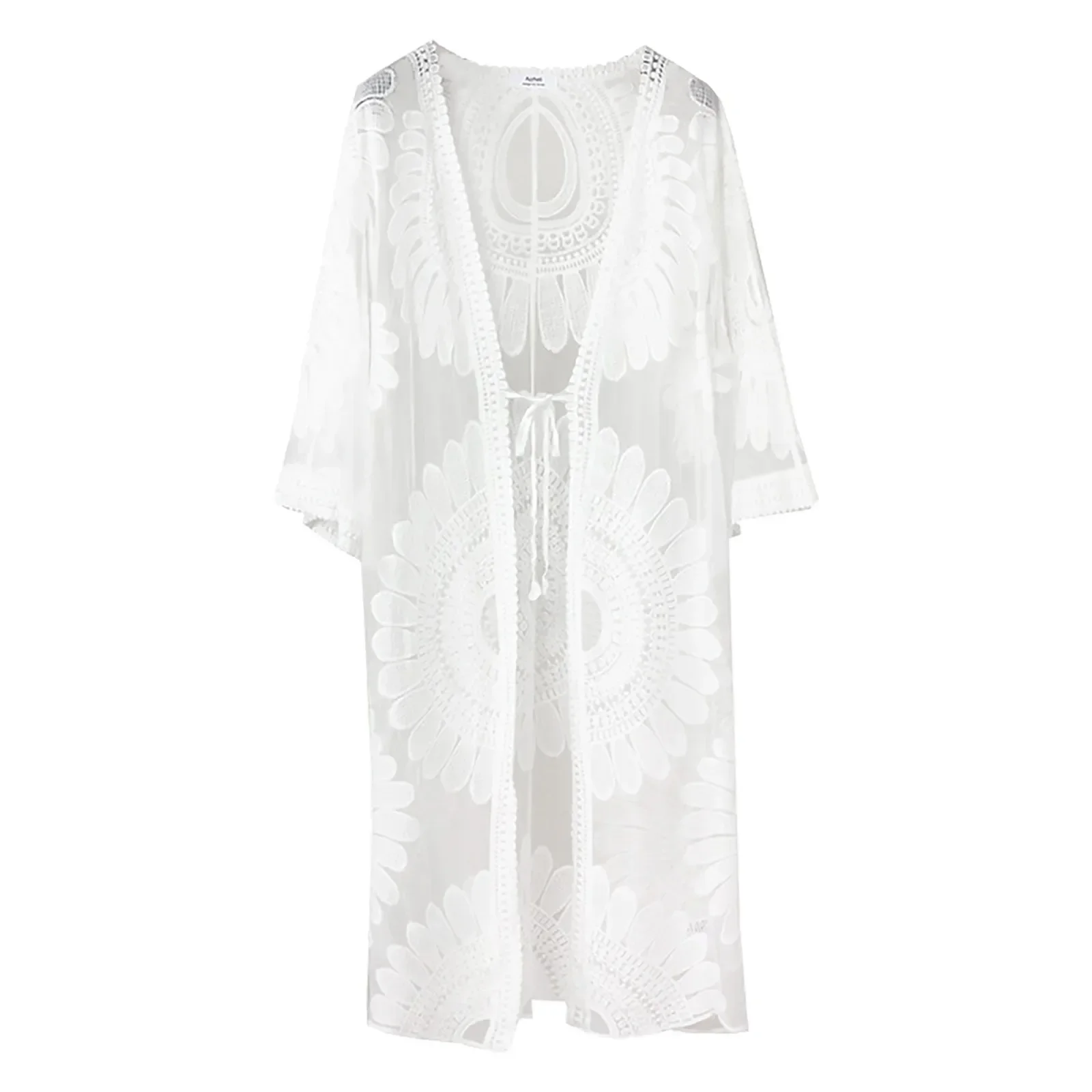 Sexy durchsichtiger Tüll-Badeanzug, mittellange Ärmel, Randmuster, Druck, Kordelzug, vertuschte Badebekleidung, neue europäische und amerikanische Modelle