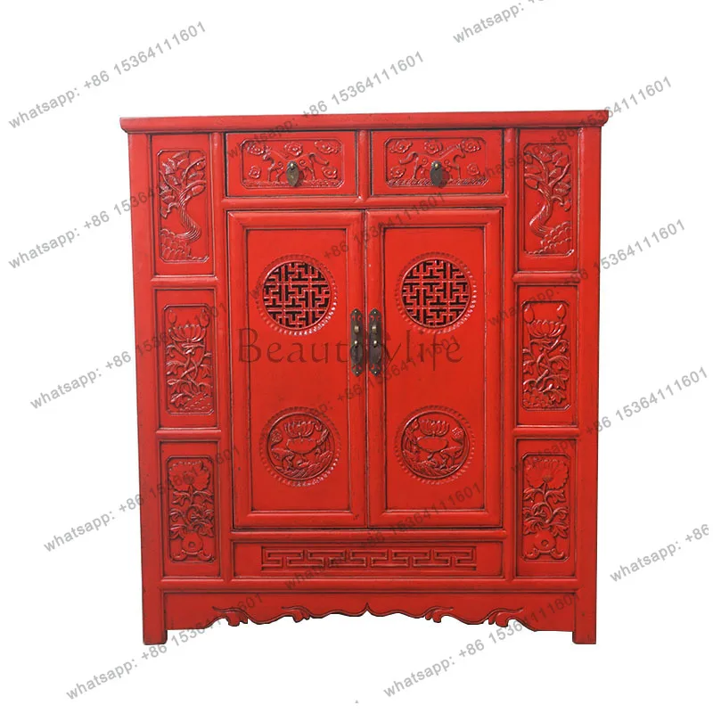 Retro solid wood Chinese red engraved entrance cabinet nostalgic side cabinet