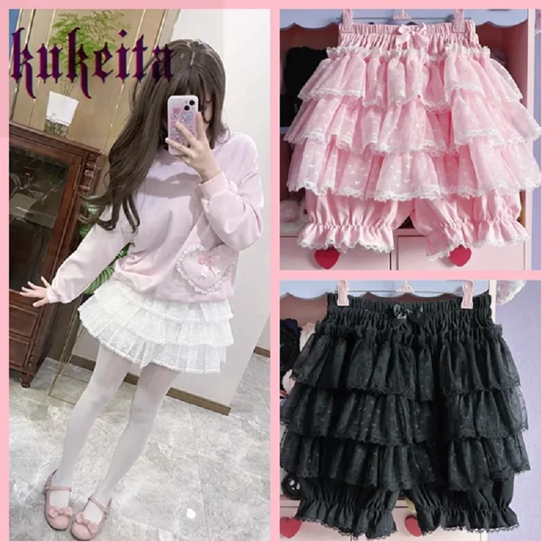 

Kukeita Harajuku Kawaii Women Multilayer Lace Ruffles Vintage Victorian Bloomers Y2k Girls Sweet Pumpkin Shorts Skirts