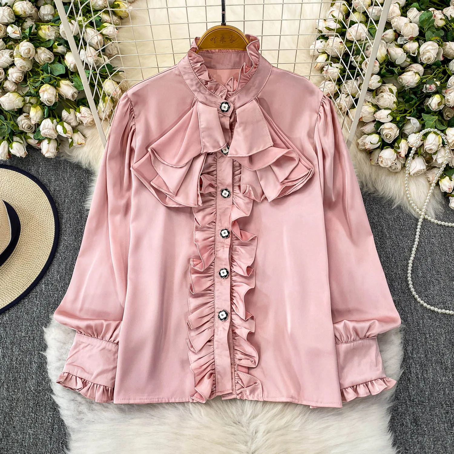 Ele Long Sve Satin Feel irt Dames Loose Fit Button-up Opstaande Kraag Top Anti-rimpel Comfortabel Koreaans Sle