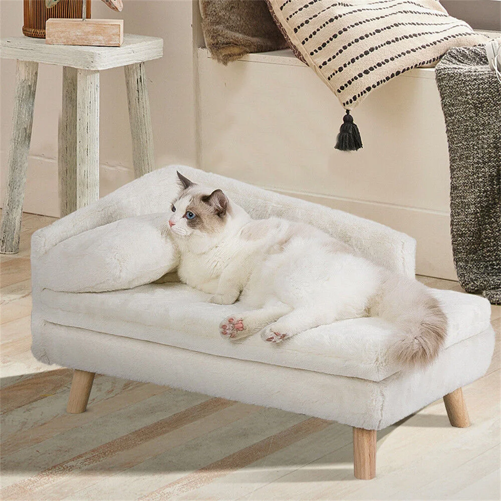 Luxury Elevated Dog Sofa Bed with Backrest Plush Cushion Wooden Legs Raised Dog Bed Lounger Chair for Small Medium Dog Cat Chair