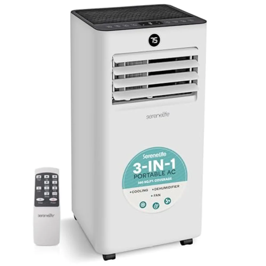 Portable air conditioner for small rooms, ABS plastic body, white color, 8000 BTU cooling with dehumidifier and fan, cools up t