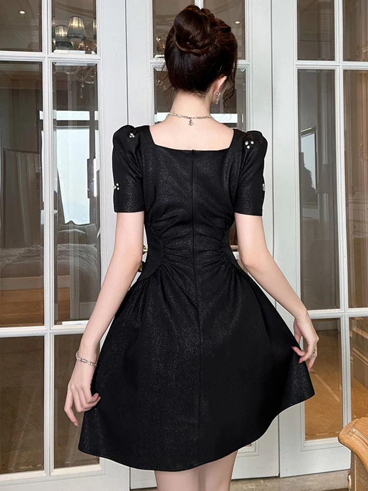 ผู้หญิงหรูหราชุดเจ้าหญิงหวานสุภาพสตรีภาษาฝรั่งเศสคําเพชรพับเอวจีบชุดหญิง PARTY PROM Vestidos NIght Club เสื้อผ้า