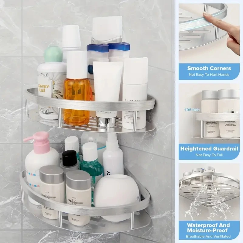 Estante de baño de aleación de aluminio, estante para champú, organizador de almacenamiento de maquillaje, estante de ducha, accesorios de baño, estante esquinero de pared sin taladro