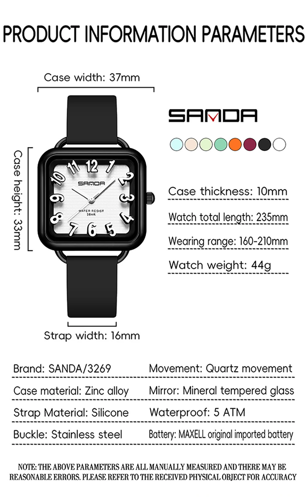 SANDA 3269 Fashion Quartz Watch Girl And Boy 5ATM Waterproof Rectangle Light Trend Student Young Men's Quartz Watch