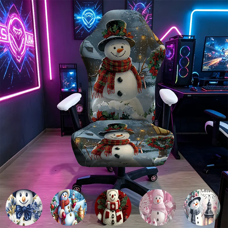 E-sports Chair Cover, Christmas Snowman Scarf Hat Print Stretch Slipcover, Oil Painting Winter Holiday Anti-Scratch Protector