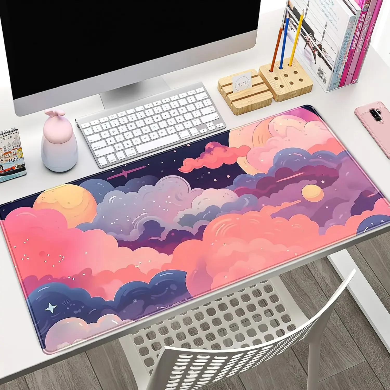Dreamy Clouds Moon Desk Mat, Aesthetic Galaxy Space Large Gaming Mouse Pad, Non-Slip Keyboard Pad for Gamer Home Office Decor