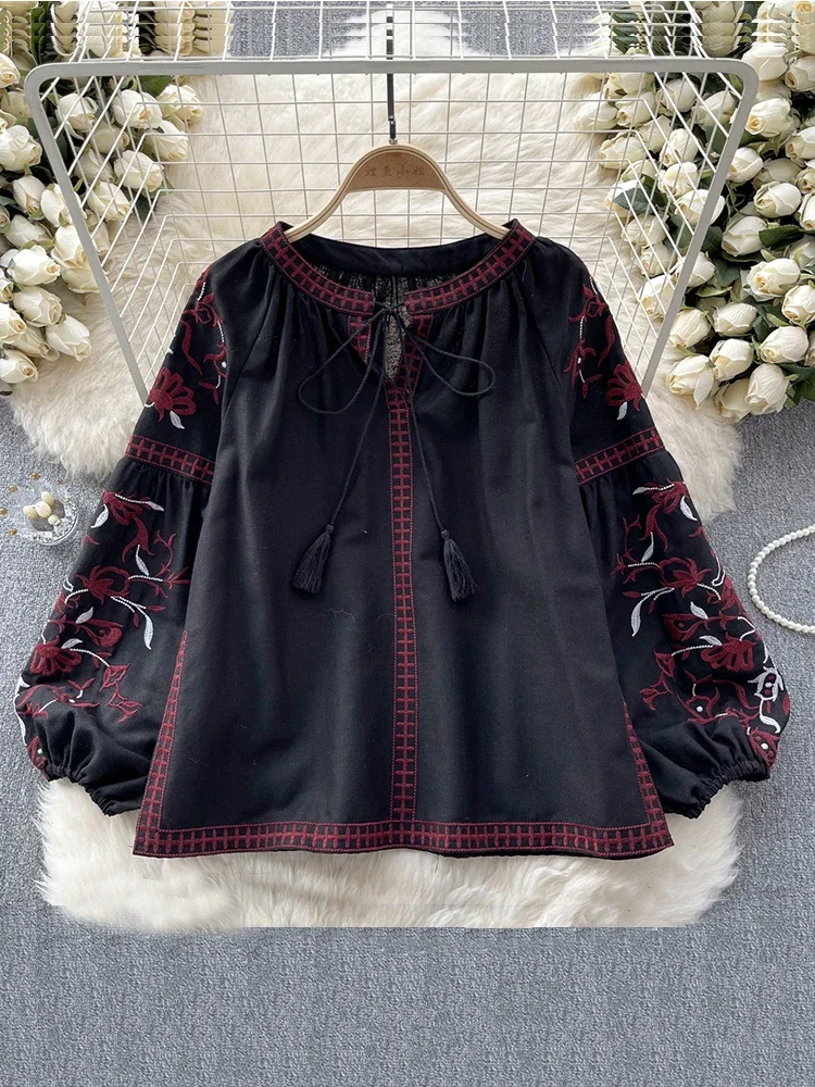 Women\'s Retro Blouse National Style Embroidered Lace-Up Tassel V-Neck Lantern Sleeve Tops Loose Casual Female Shirt A02