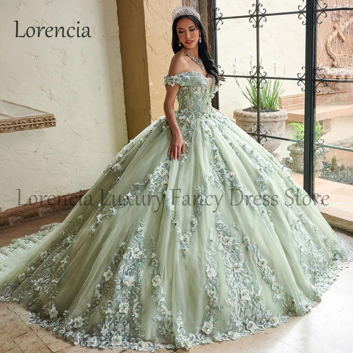 Mexican Green Quinceanera Dress Ball Gown Off Shoulder3D Floral Applique Beading Corset Formal Sweet 16 Vestidos De 15 Años