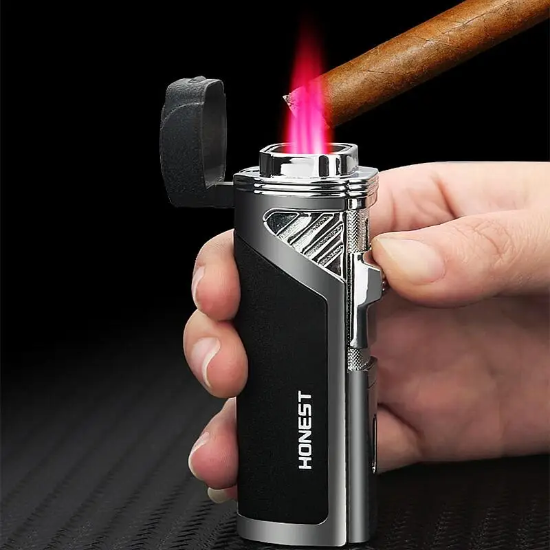 HONEST Outdoor Windproof Butane Gas Four Straight Fire Lighter Jet Adjustable Visible Gas Window Cigar Accessories Men's Gadgets