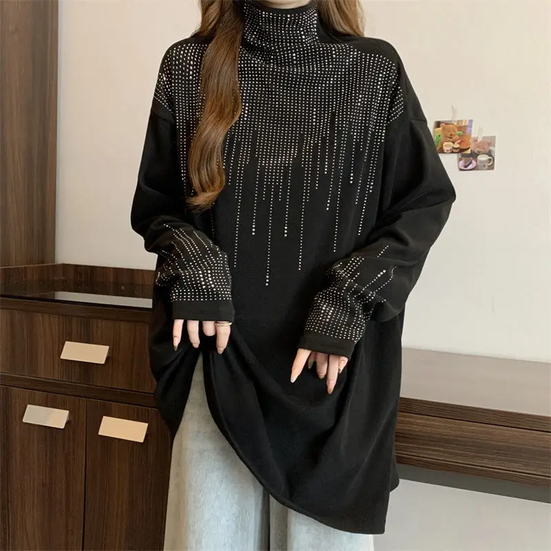 Women\'s Clothing Autumn Winter Korean Fashion Rhinestone Thick Warm Basic T-shirts High Collar Black Oversized Long Sleeve Tops