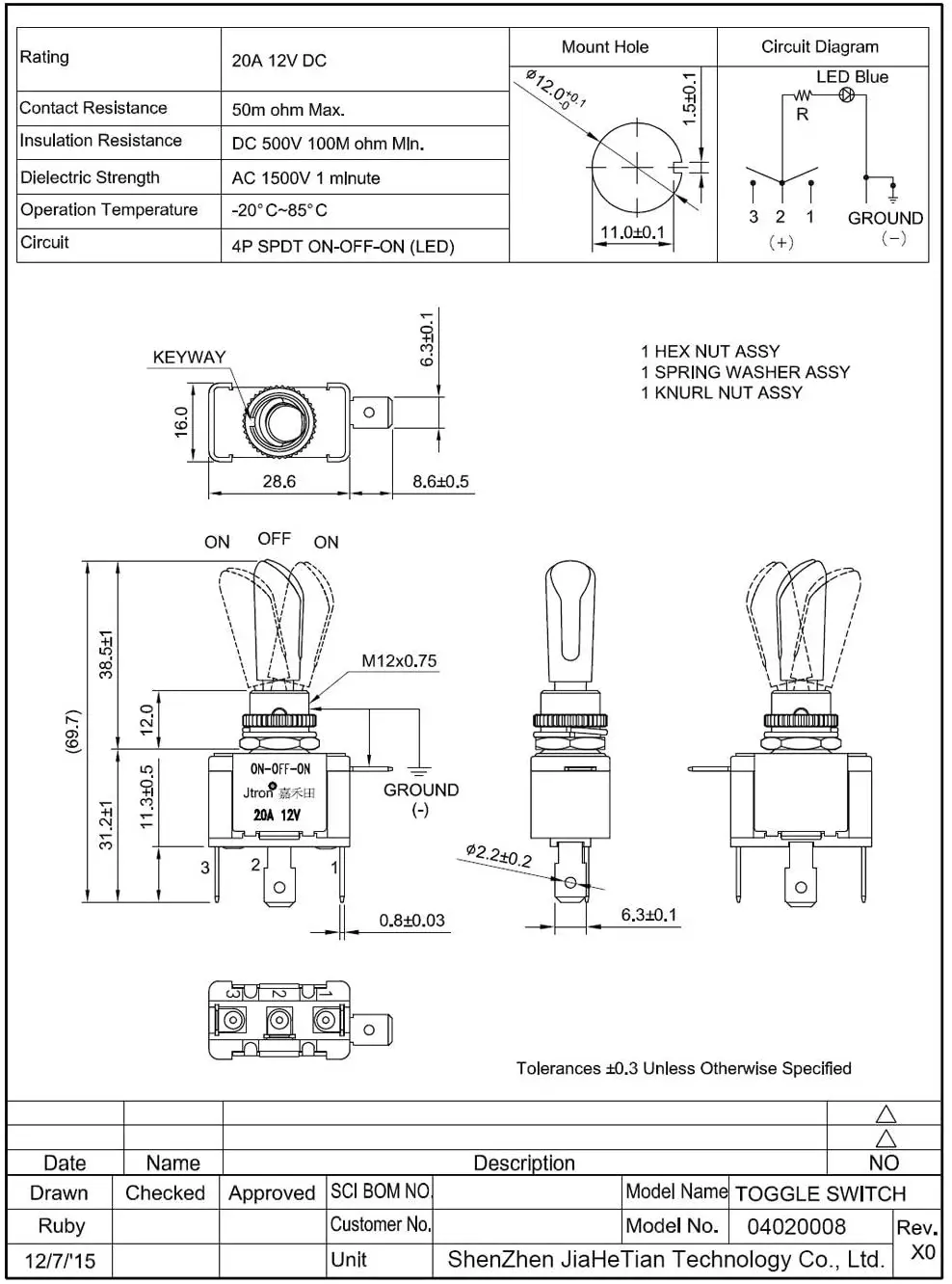 Jtron-青ledトグルスイッチ,オン/オフボタン,12v,20a,3ポジション,4p,spdt,kippschalter,schl ü sselschalter,12mm