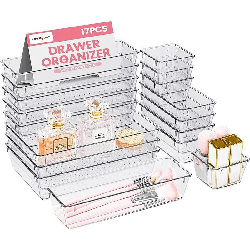 

Clear Plastic Drawer Organizers Desk Dividers Bins Home Dresser Office Kitchen Drawer Separator Makeup Jewelry Organization