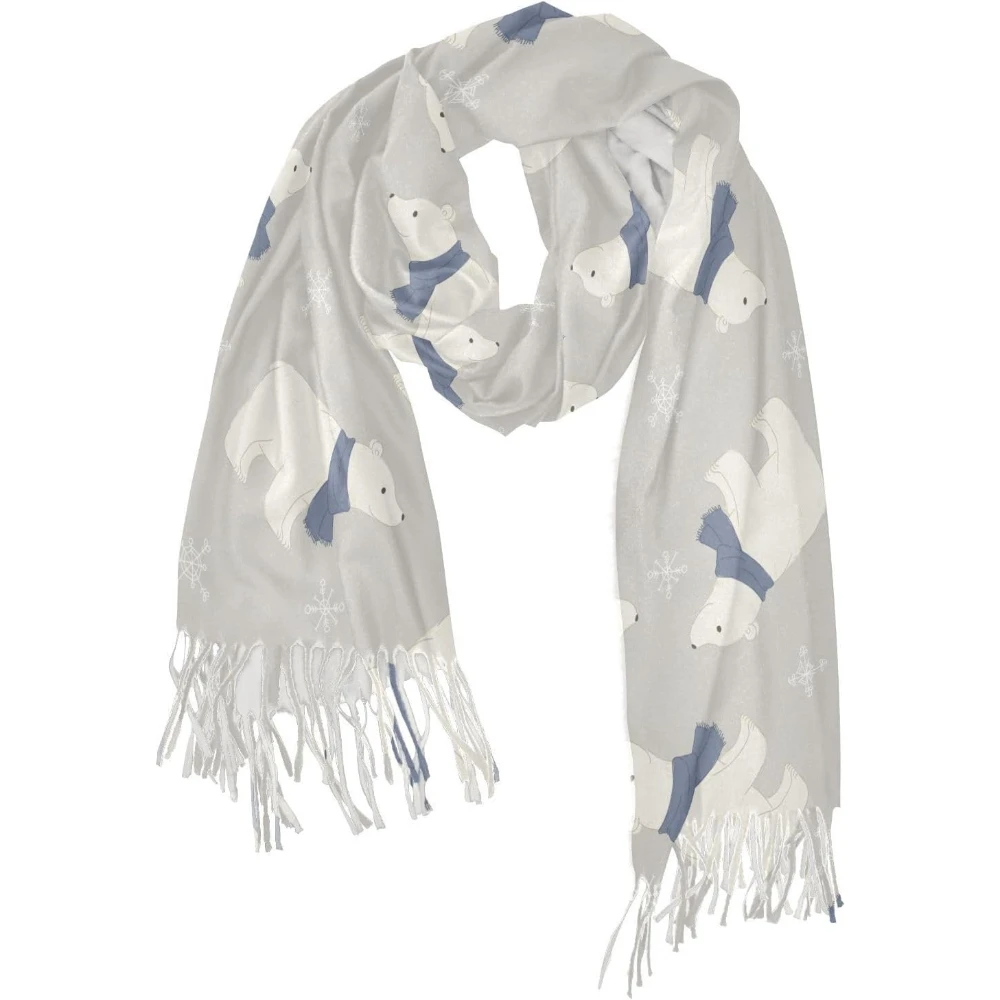 

Bear Xmas Snowy Cashmere Scarves for Women Winter Warm Cold Weather with Tassels Retro Polar Bear Seamless Snowflakes Animal