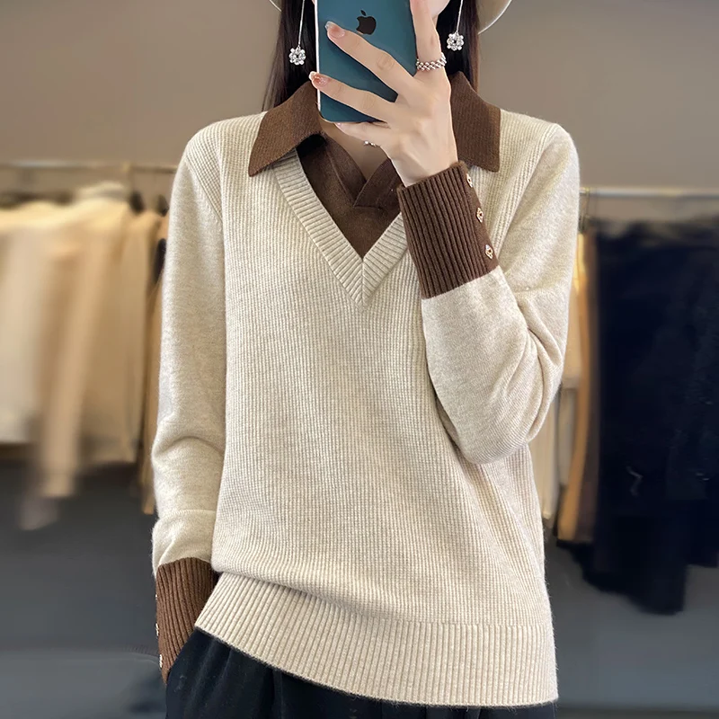

Women Autumn Winter Pure Wool Blend Sweater Polo V-neck Color Blocking Splicing Pullover Female Soft Casual Knitted Basis Top
