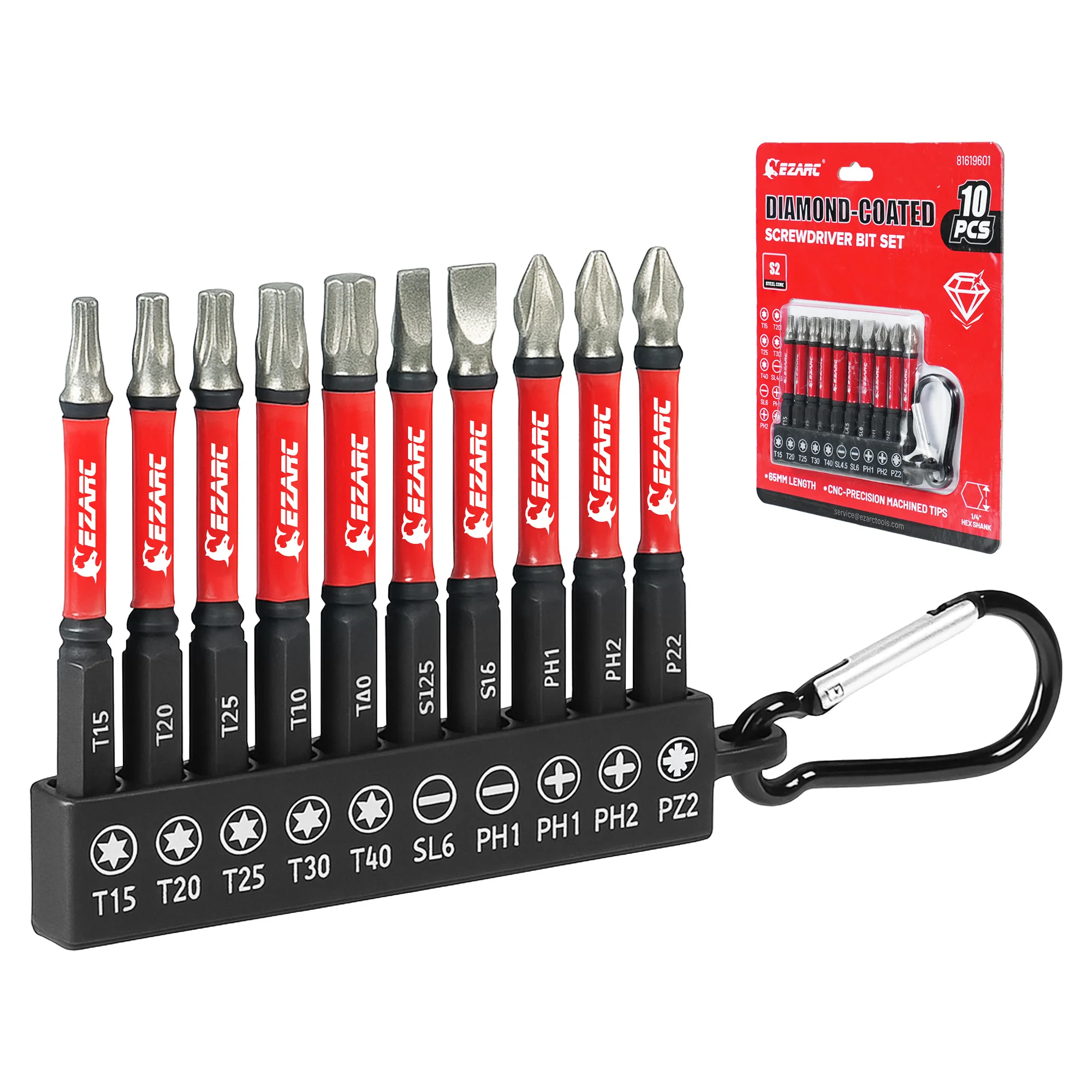 EZARC 10-Pieces Screwdriver Bit 65mm Anti-Slip Magnetic Torx Phillips Pozidriv Slotted Bits 1/4
