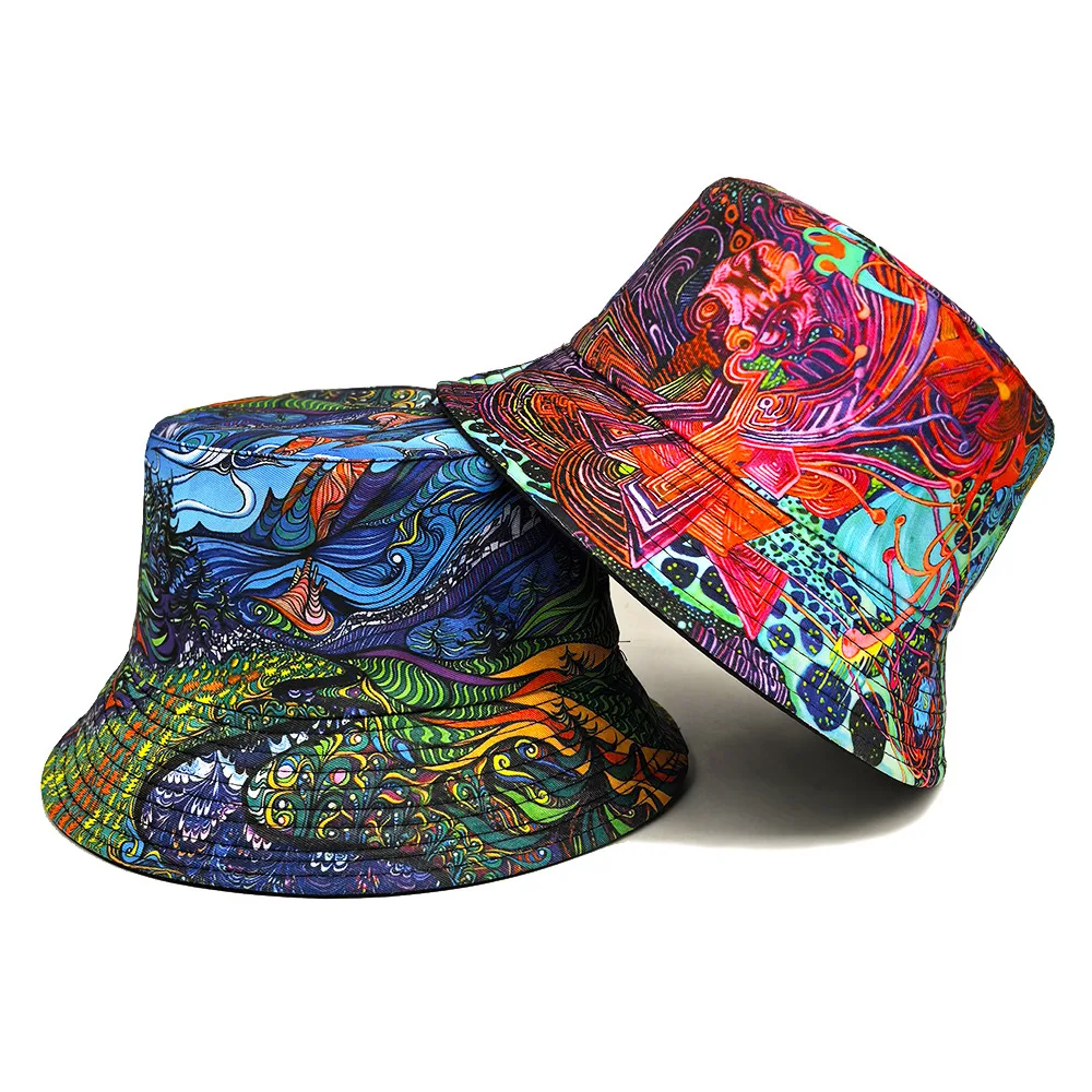 Retro Graffiti Print Hip Hop Street Bucket Hat for Women Men Decorate Fisherman Hat Summer Travel Beach Outdoor Sunscreen Panama
