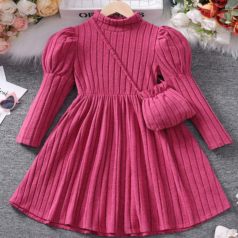 Winter Girl Girl High Collar Sheep Leg Sleeves Knitted Pit Striped Pink Dress Crossbody Bag Princess Birthday Party Dress