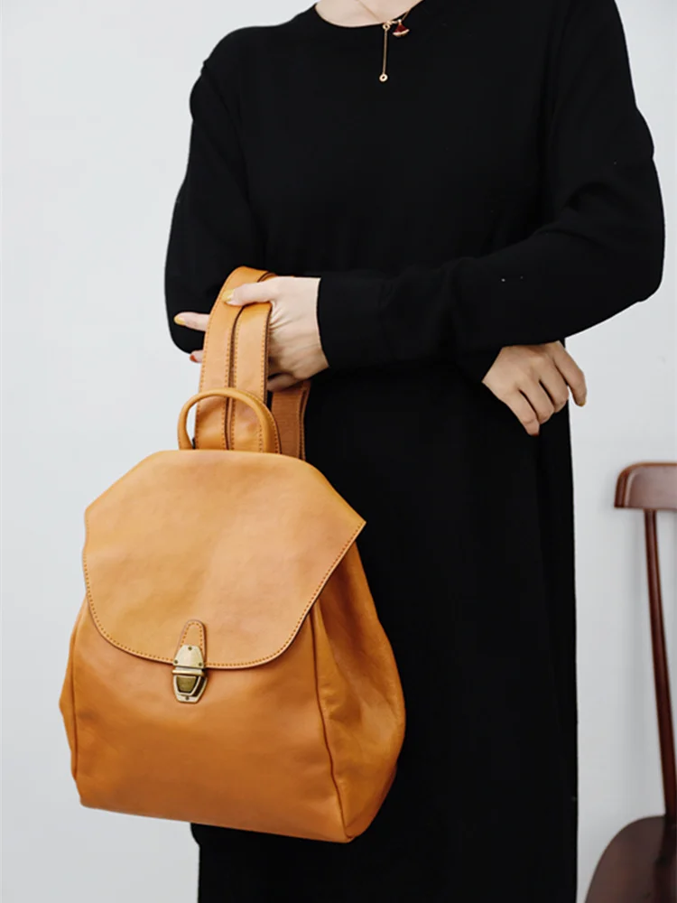 Simple vintage literary luxury genuine leather women's backpacks outdoor travel fashion handmade top layer cowhide bagpack