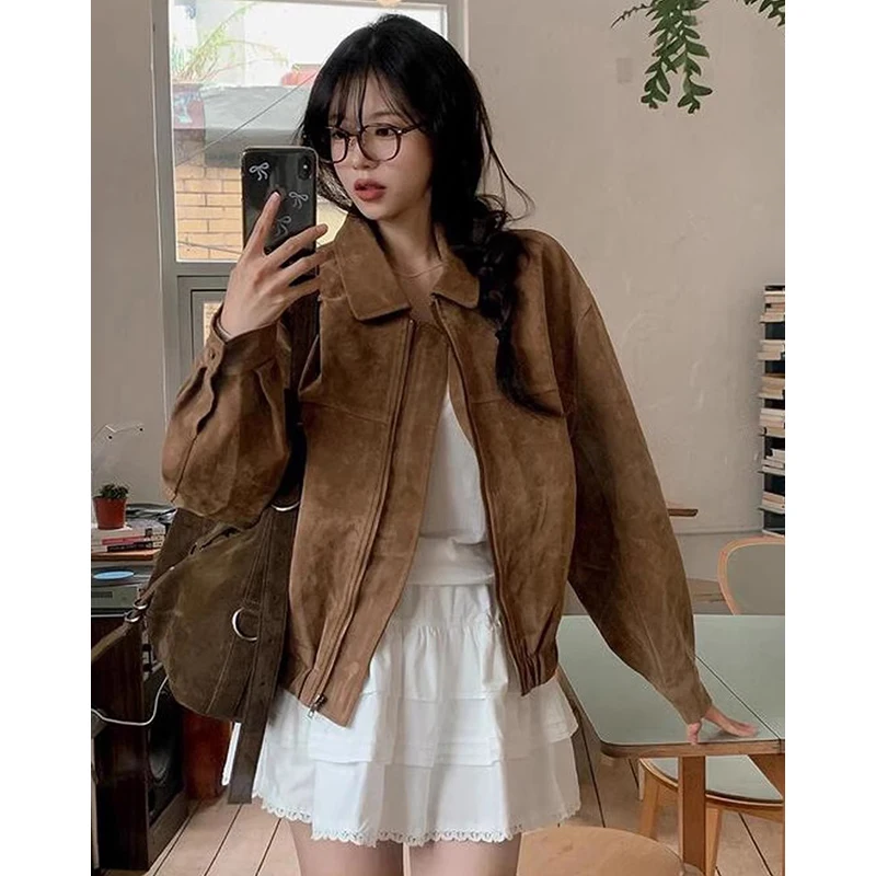 Chaqueta de Motocicta Estilo Retro para Mujer, Chaqueta Corta Informal, Cuello Alto, Abrigo de Gamuza, Versátil, Moda Otoñ...