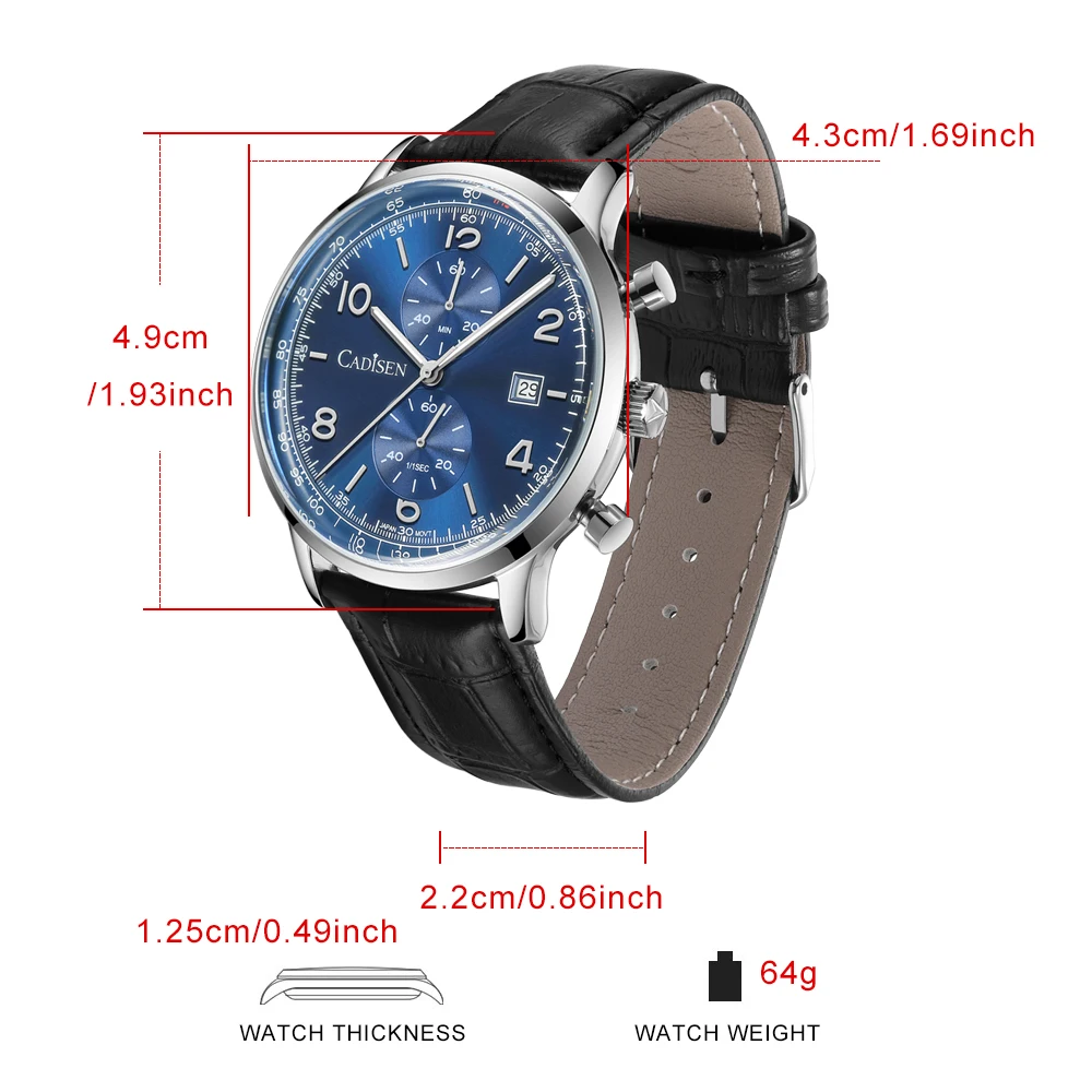 CADISEN Quartz Watch Men Luxury Brands Chronograph MIYOTA 0S11 Movement Sunburst Salmon Dial AR Coated Glass Waterproof Watches