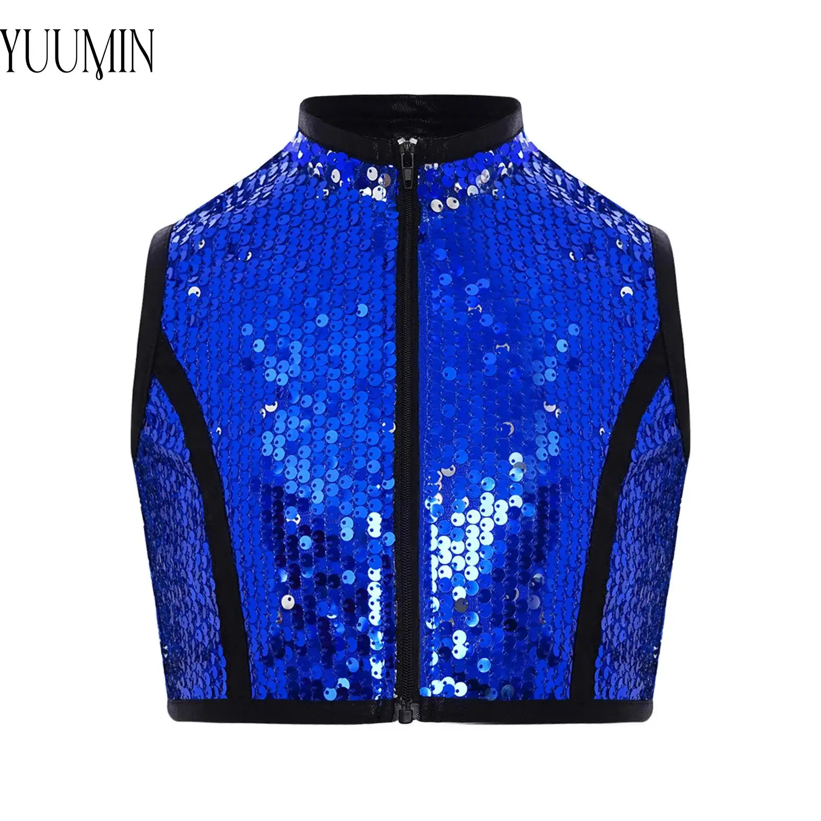 

Children Girls Sparkling Sequins Vest Waistcoat Sleeveless Contrast Color Trim Zipper Crop Top for Jazz Dance Stage Performance