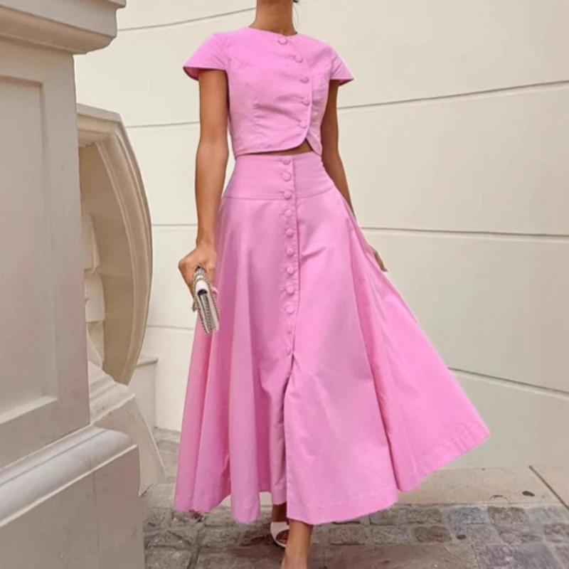 French Style Elegant A-line Long Skirt Set Women's Fashion Small Fragrance Pink Top Skirt Two-piece Set Women's Clothing