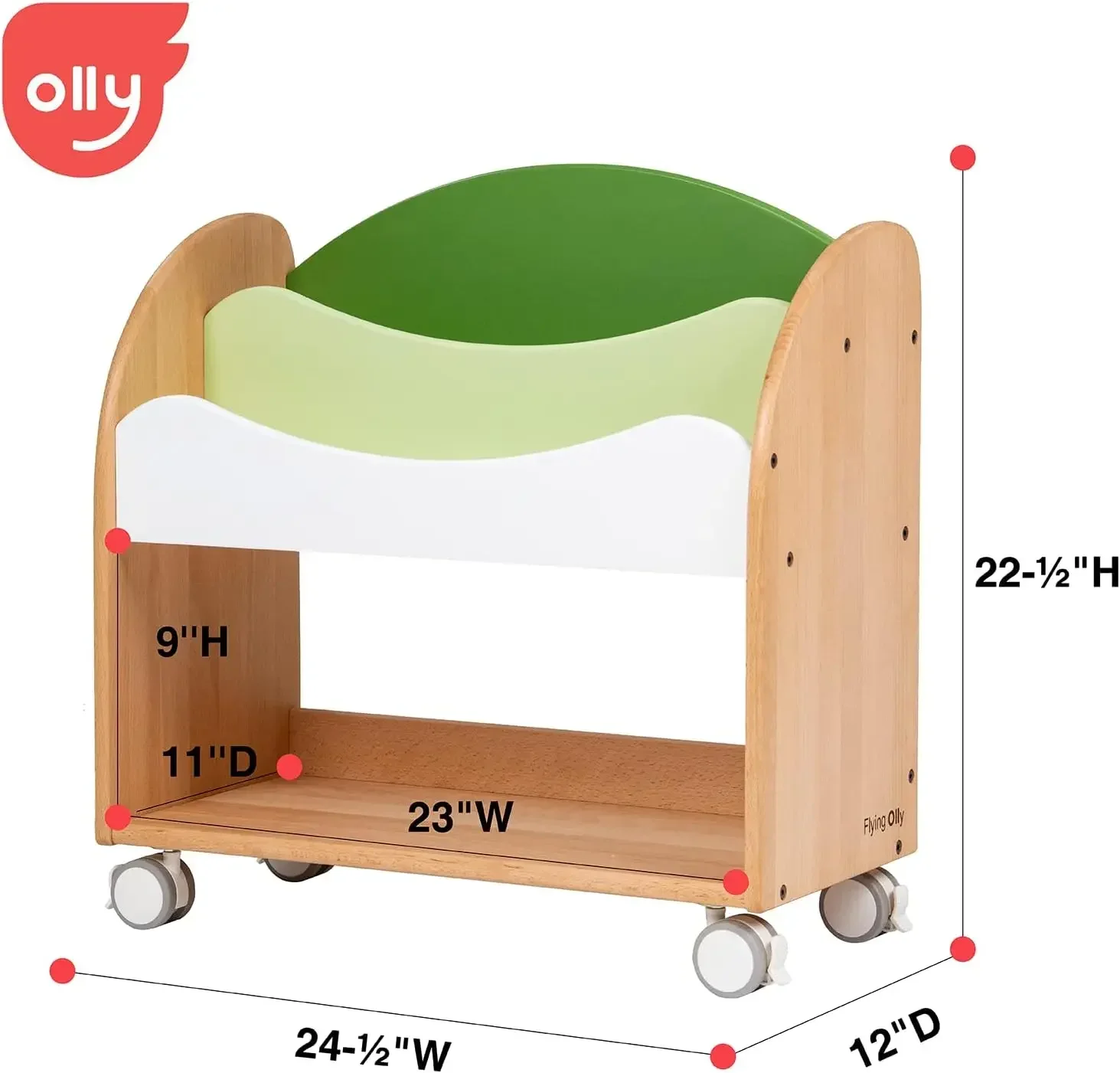 Kids Bookshelf, Solid German Beech Wooden Toddler Bookcase with Wheels,Infant Book Cart for Bedroom, Playing Room - Green