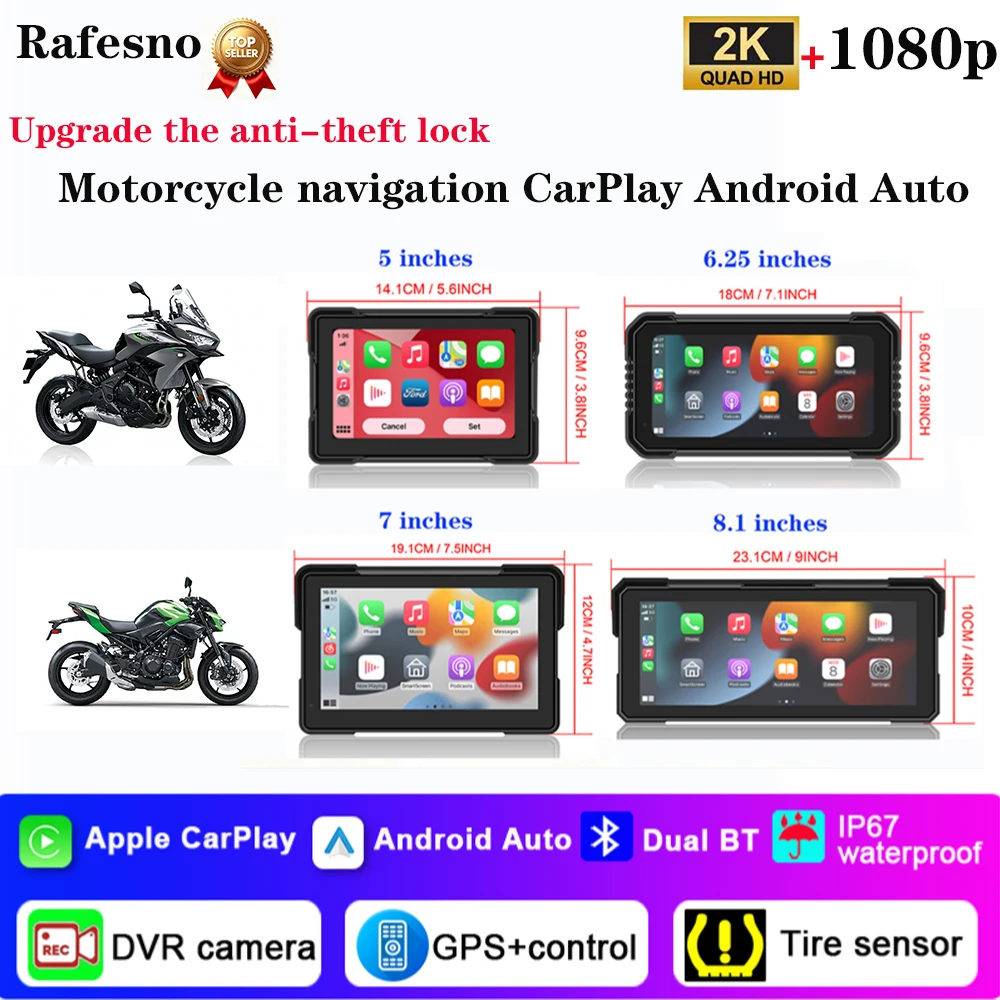 Rafesno IP67 Waterproof Motorcycle Navigation Wireless Carplay Android Auto TPMS 4K DVR GPS Vehicle-mounted Camera