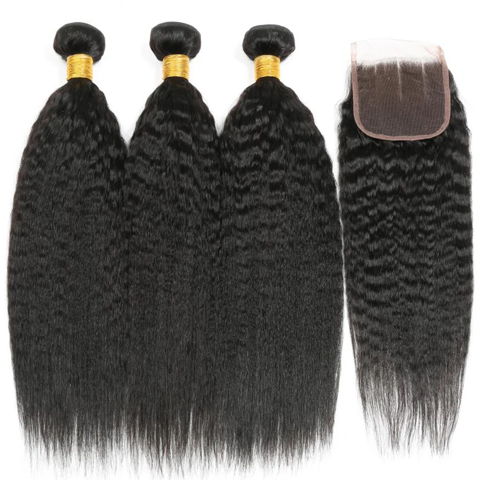 12A Kinky Straight Bundles With Closure Natural Hair Yaki Straight Bundles With Closure Cheveux Remy Hair Bundles With Frontal