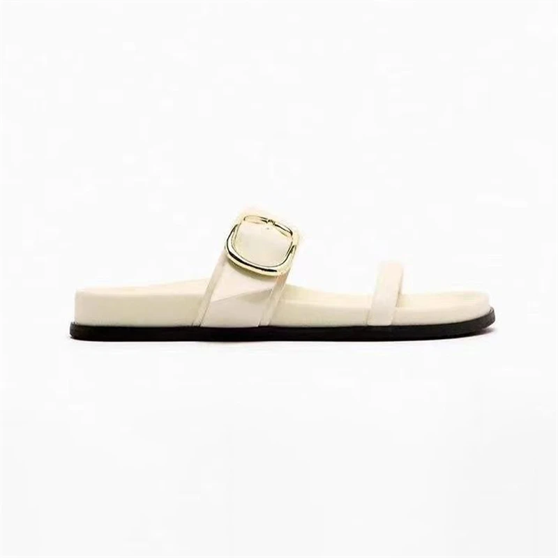 TRAF White Flatform Slippers For Woman Leisure Metal Buckle Straps Upper Thick Sole Flat Sandals Women Round Head Open Toe Shoes