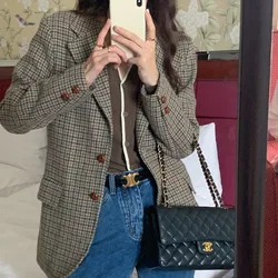 Fall Autumn Winter Vintage Wool Blend Blazer Jacket Pea Coat for Women Houndstooth Woolen Overcoat Slim Outerwears 2023