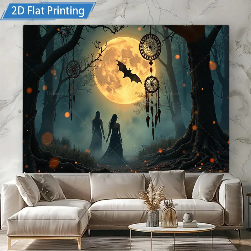 1pc Wall Tapestry Mystic Forest Moonlight Tapestry with Dreamcatchers and Bats, Gothic Halloween Wall Hanging