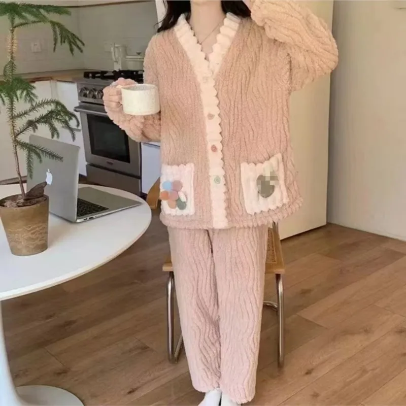 Flannel Rainbow Cardigan Sleeping Robe Set for Women 2024 Autumn/Winter Long Size Coral Velvet Warm Home Clothes