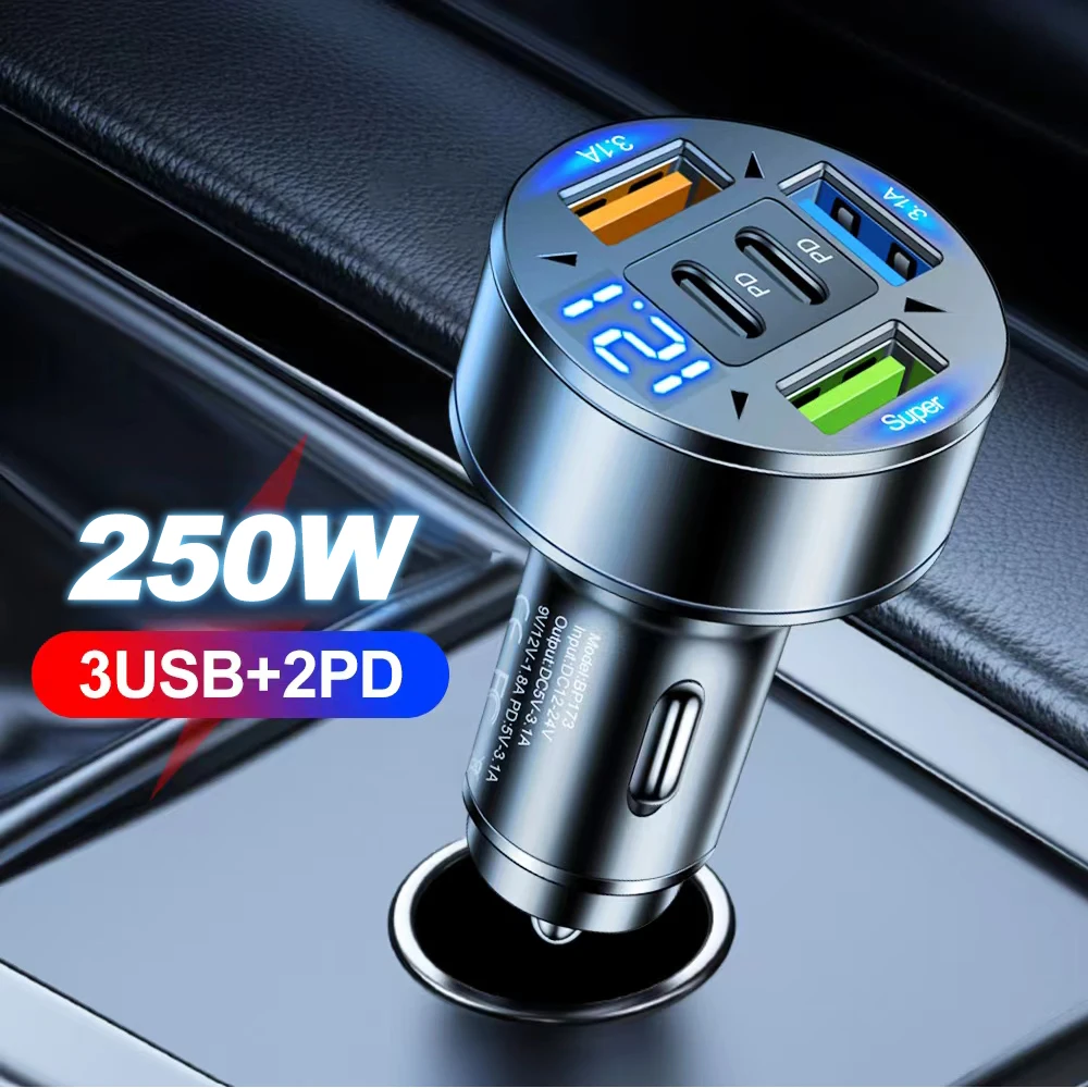 250W 5-Port Car Charger Fast Charging Pd Qc3.0 Usb 3.1A Car Mobile Phone Charger C Type Adapter with Voltage Display