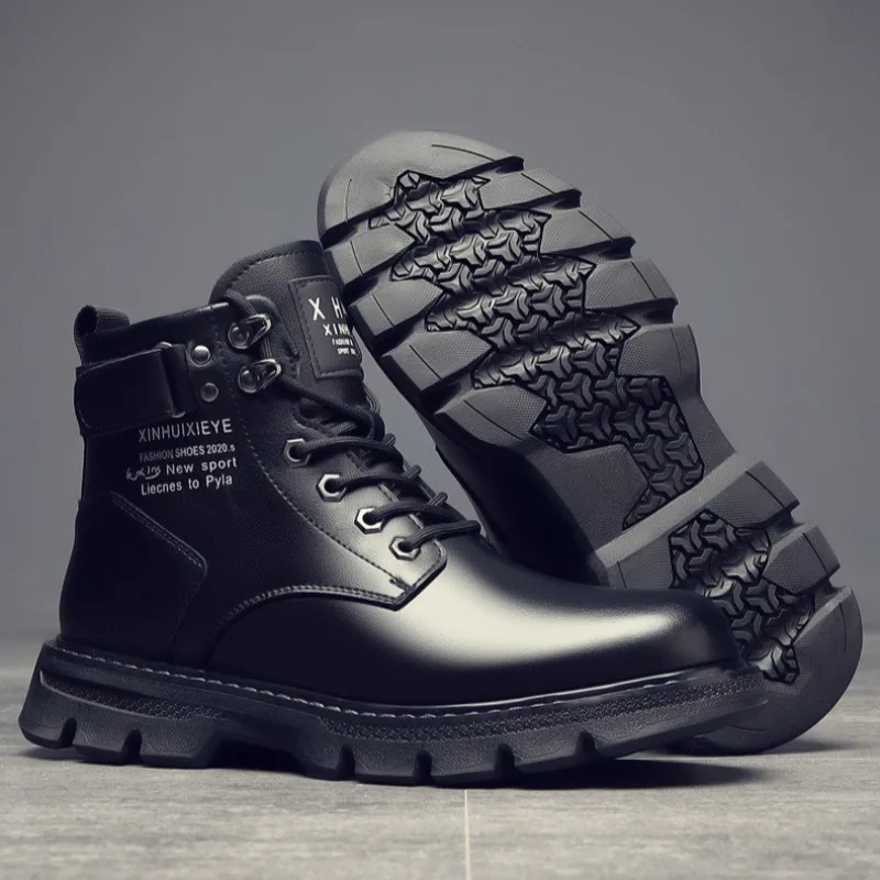 Men's Ankle Boots High Quality Casual Leather Boots Fashion High Top Motorcycle Boots Lace-up Men Platform Booties Botas Hombre