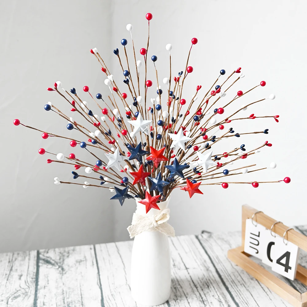 

3 Pcs Artificial Star Berry Patriotic Berry Stems for July 4th Independence Day Memorial Day Wedding Home Party Decoration