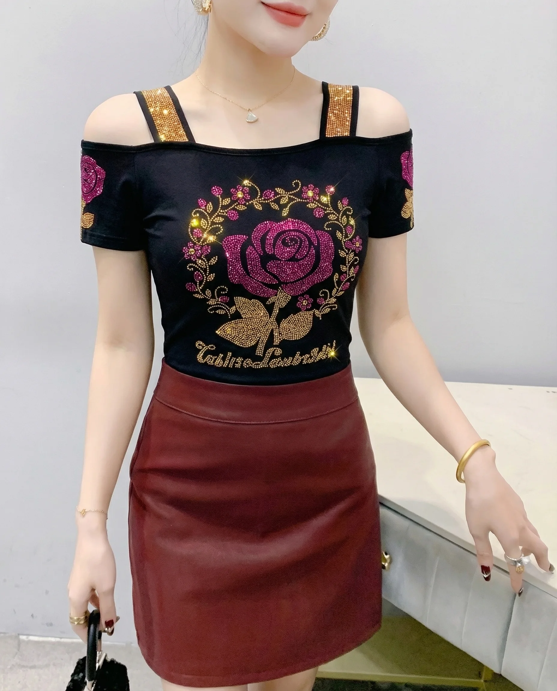 New Designer Hot Diamond Mesh T-Shirt Women Korean Style Sexy Off Shoulder Slim Tee Summer Casual Streetwear Tops
