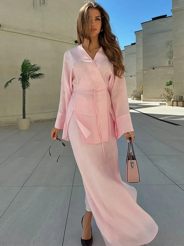 

Casual Lace Up Cardigan Skirt Set Women Loose V-neck Full Sleeve Top High Waist A-line Long Skirts 2025 Summer Chic Lady Suit