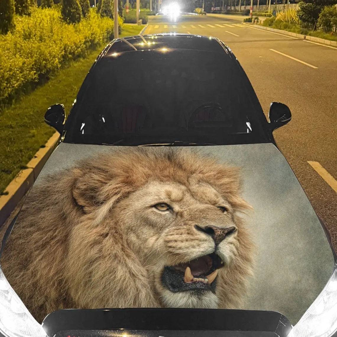 Autocollants de voiture Lion avec une crinière moelleuse, une expression rugissante et un ciel-autocollant de capot de voiture sur le thème, auto-adhésif imperméable