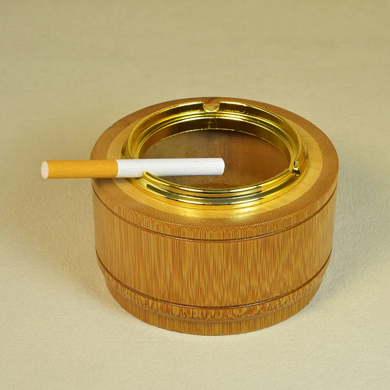 

Natural Bamboo Ashtray for Home Office Creative Heat Resistant Ash Tray with Metal Ring Smoking Accessories