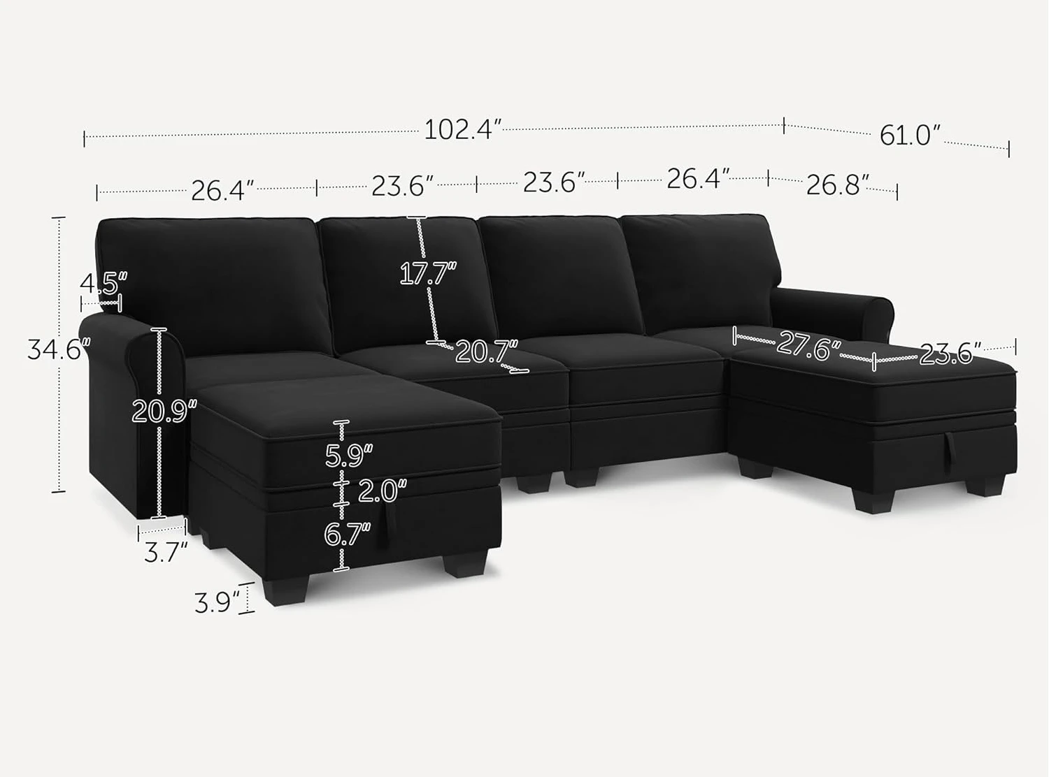 Sectional Sofa with Storage Seat Velvet U Shaped Sectional Couch with Reversible Chaise Convertible Couches Living Room,Black