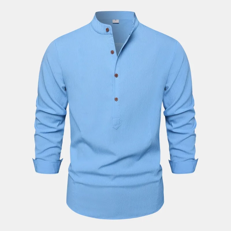 

2024 Foreign Trade European Fashion Shirt Solid Color Stand Up Neck Casual Long Sleeved Cotton Linen Men's Trendy Shirt