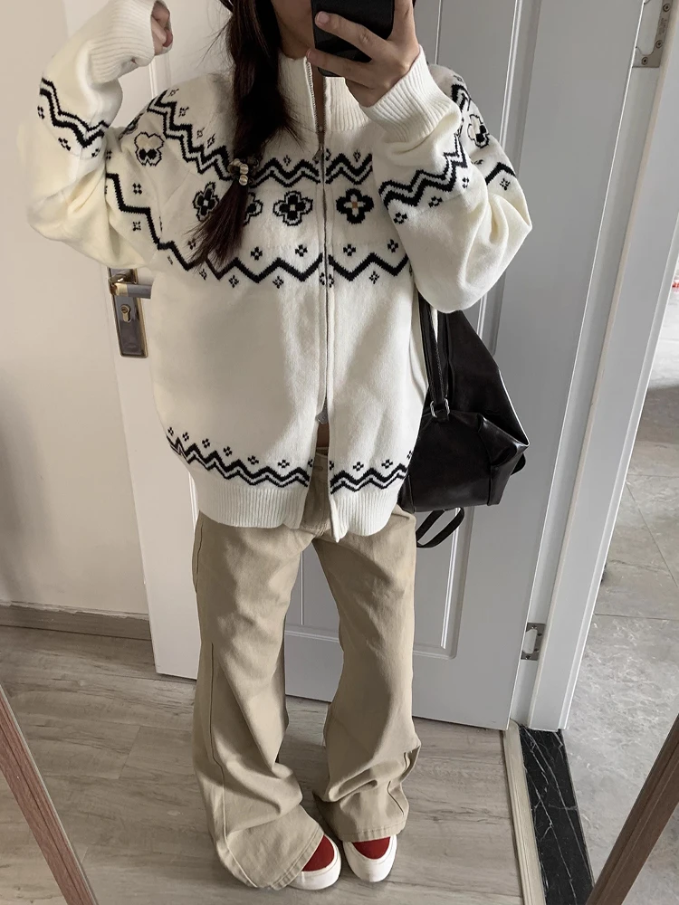 

Korean Sle Fair Isle Stand Collar Open Cardigan Knitted Sweater ex Autumn Retro Versatile Lazy Floral Knitwear Jaet